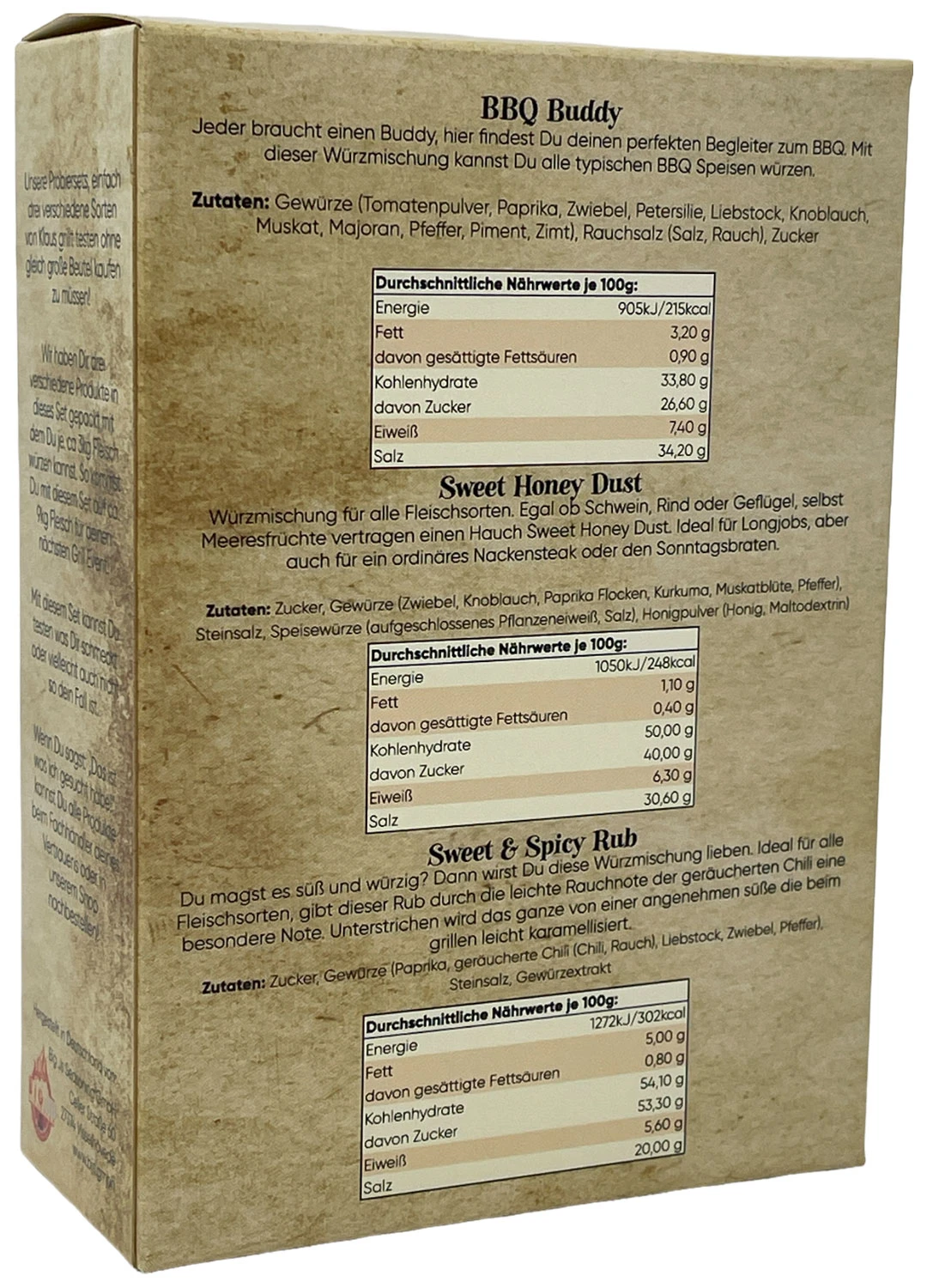 Probierset #2 BBQ Buddy / Sweet Honey Dust / Sweet & Spicy Rub 3x 100g Beutel By Klaus Grillt 3 Probierset #2 BBQ Buddy / Sweet Honey Dust / Sweet & Spicy Rub 3x 100g Beutel By Klaus Grillt